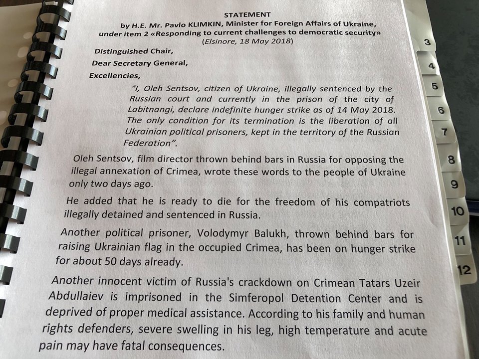 null Климкин обратился к Совету Европы цитатой Сенцова: текст