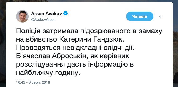 Аваков: Подозреваемый в покушении на Гандзюк задержан