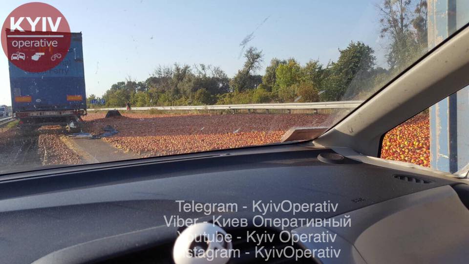 null На трассе Киев-Харьков фура высыпала "ковер" из яблок: фото