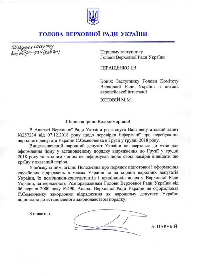 Семенченко незаконно ездил в Грузию с диппаспортом - Геращенко