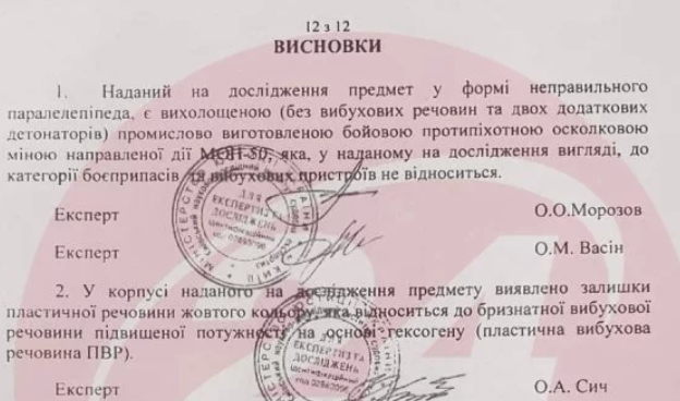 Выводы экспертизы мины МОН-50/Канал 24 "Мина" Антоненко - не взрывное устройство: фото экспертизы
