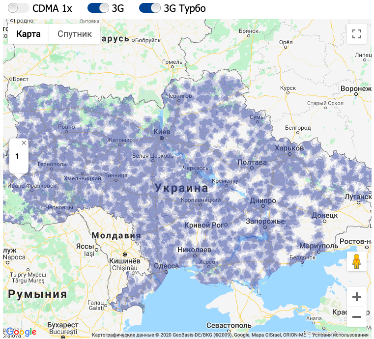 Карта покриття CDMA EV-DO (3G) Інтертелекому