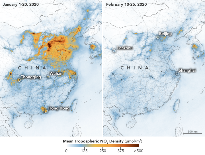 Коронавирус. Китай резко снизил объем загрязнения атмосферы – инфографика NASA 