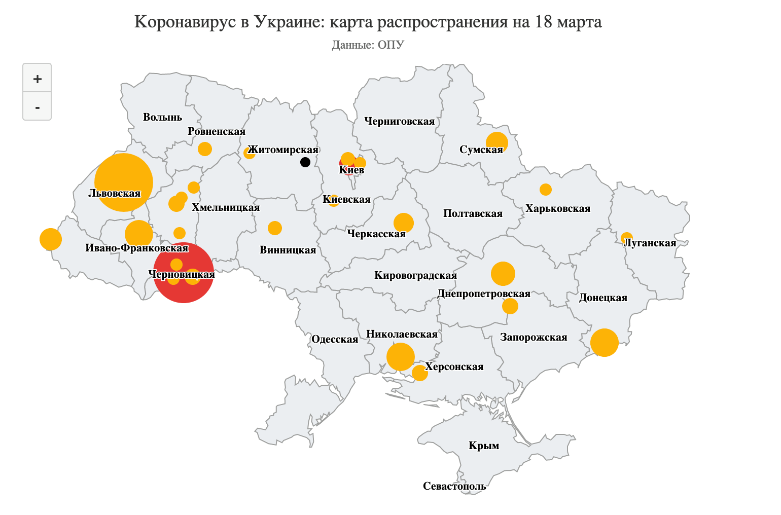Карта поширення коронавірусу станом на 18 березня