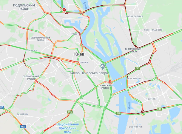 Пробки в Киеве 21 мая, фото: скриншот Google Maps Пробки в Киеве 21 мая, фото: скриншот Google Maps