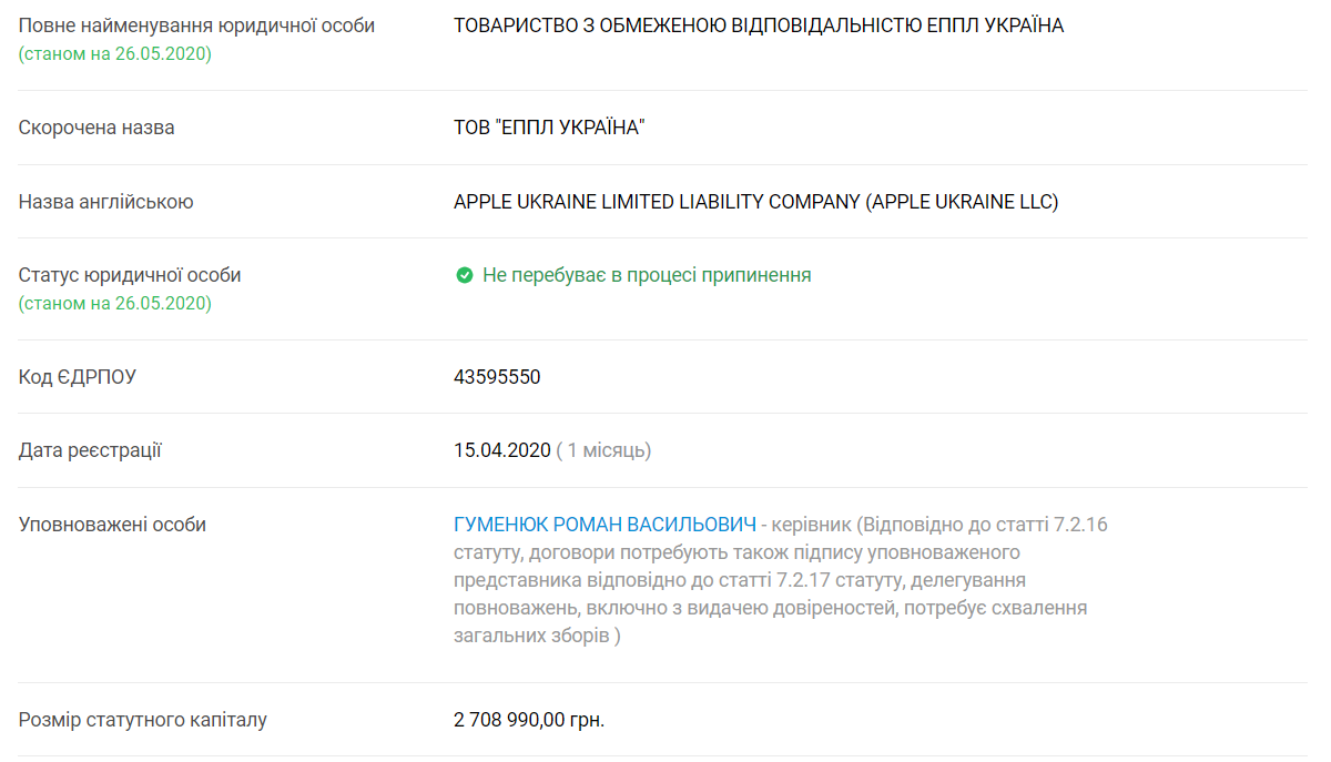 Apple зареєструвала представництво в Україні