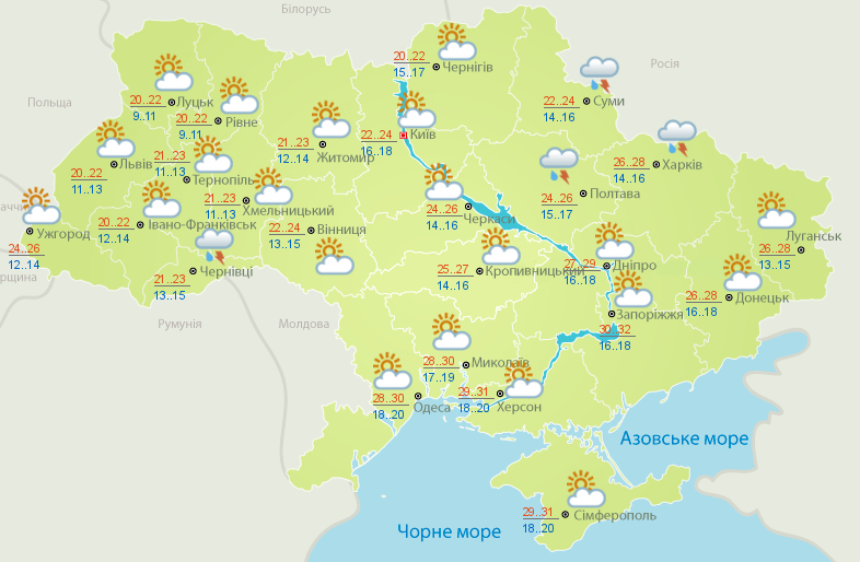 Карта погоды на 22 июля (фото - meteo.gov.ua) Карта погоды на 22 июля