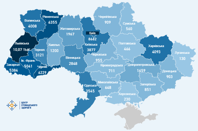 Заразившиеся коронавирусом по областям (Фото - ЦОЗ)