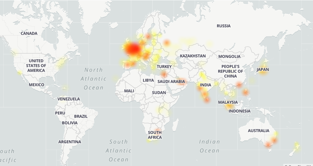 Карта сбоев в работе Gmail от Down detector