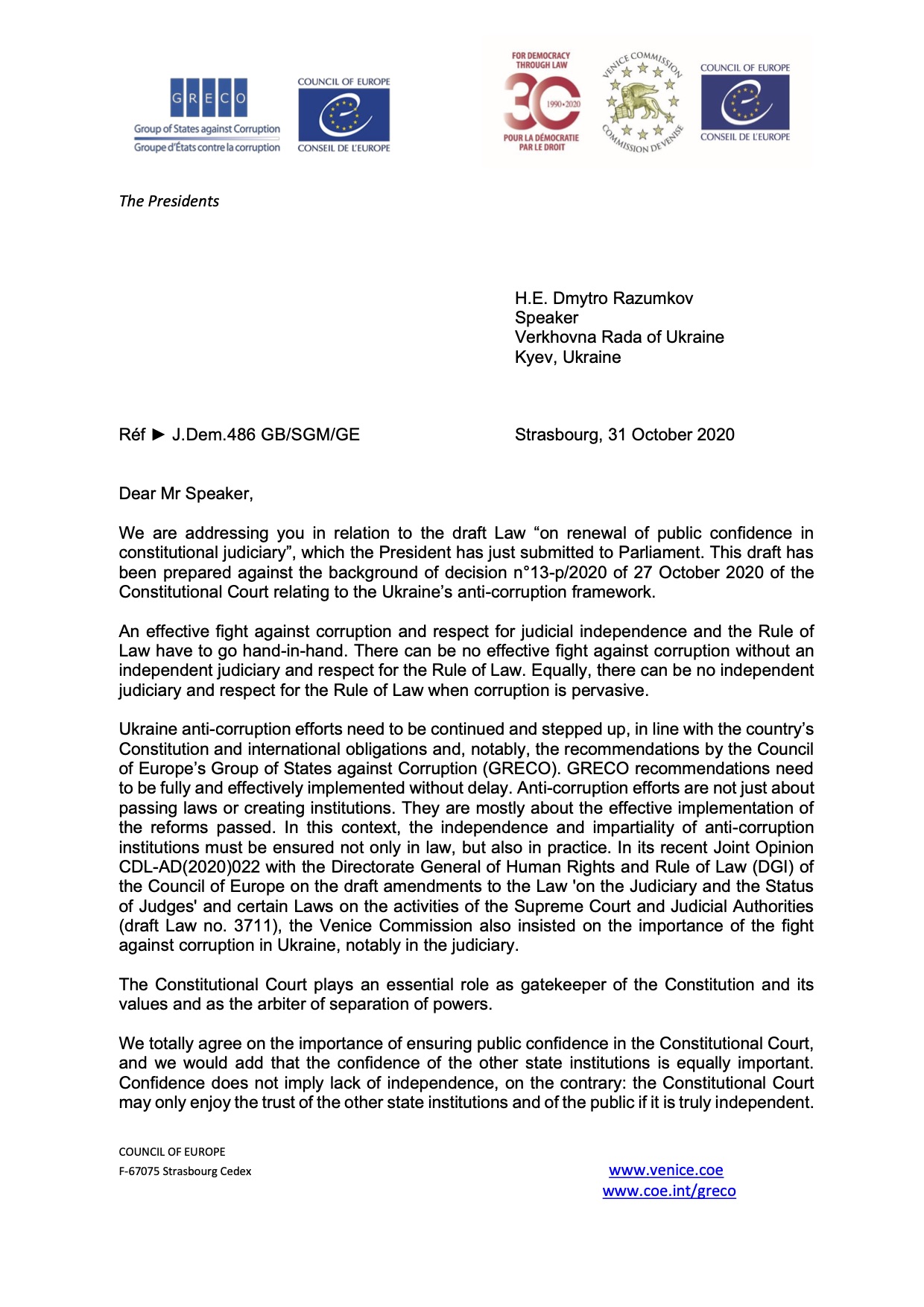 Письмо Венецианской комиссии спикеру Верховной Рады