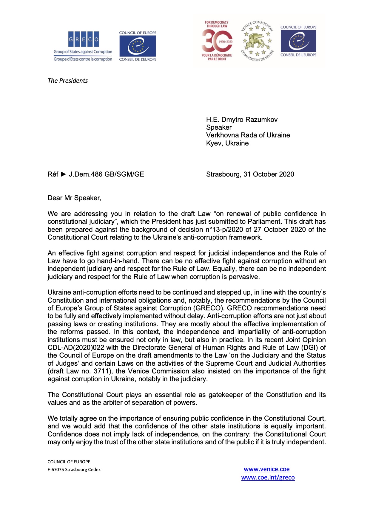 Письмо Венецианской комиссии спикеру Верховной Рады Письмо Венецианской комиссии спикеру Верховной Рады
