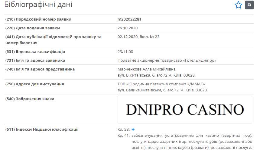 Информация по объекту "Днепр Казино" (Фото: Укрпатент)