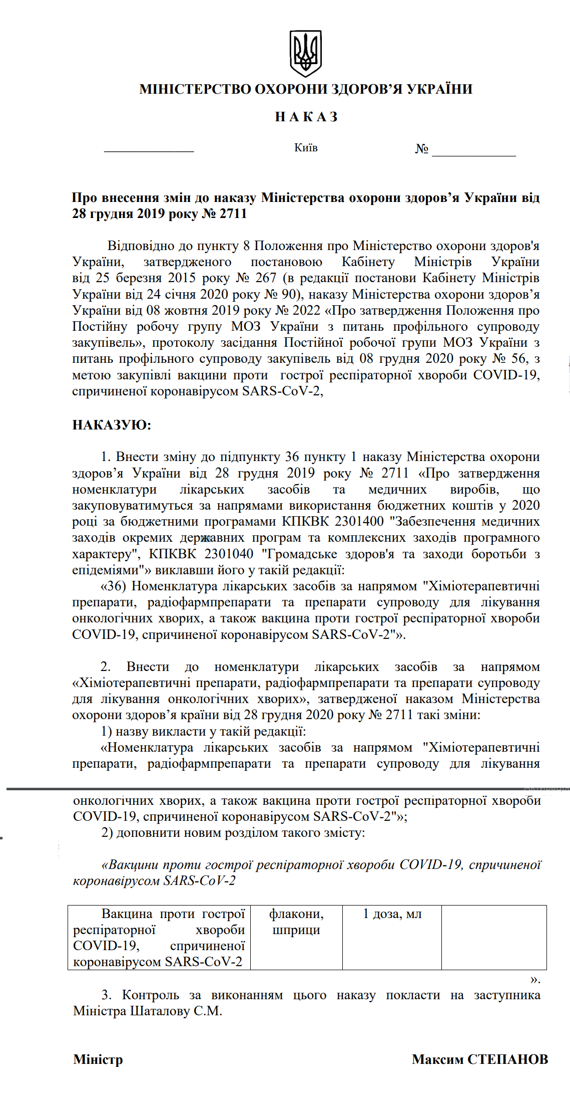 Зміни до наказу МОЗ 2711