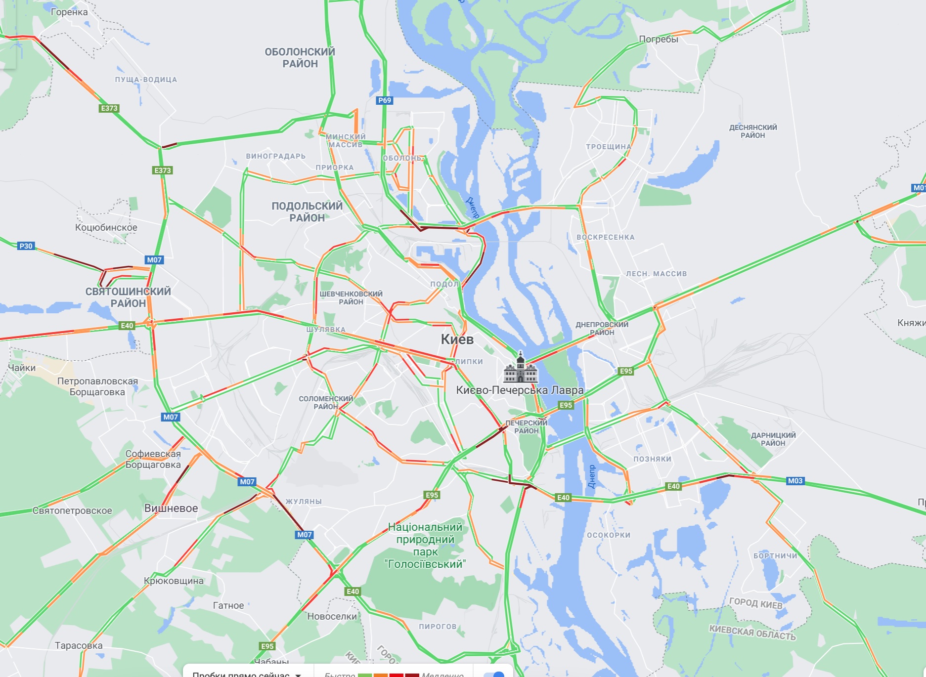 Пробки в Киеве 23 декабря по состоянию на 19:30 (Скриншот Google Maps) Пробки в Киеве 23 декабря по состоянию на 19:30 (Скриншот Google Maps)