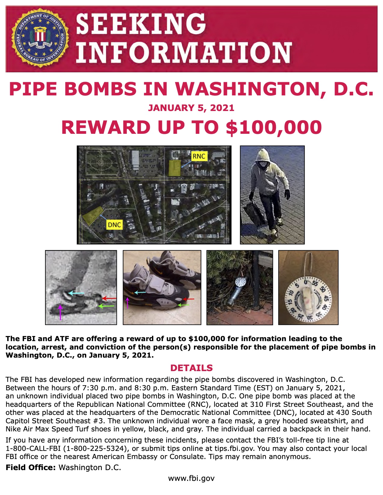 Бомбы у Капитолия. ФБР предлагает $100 000 за информацию о подозреваемых