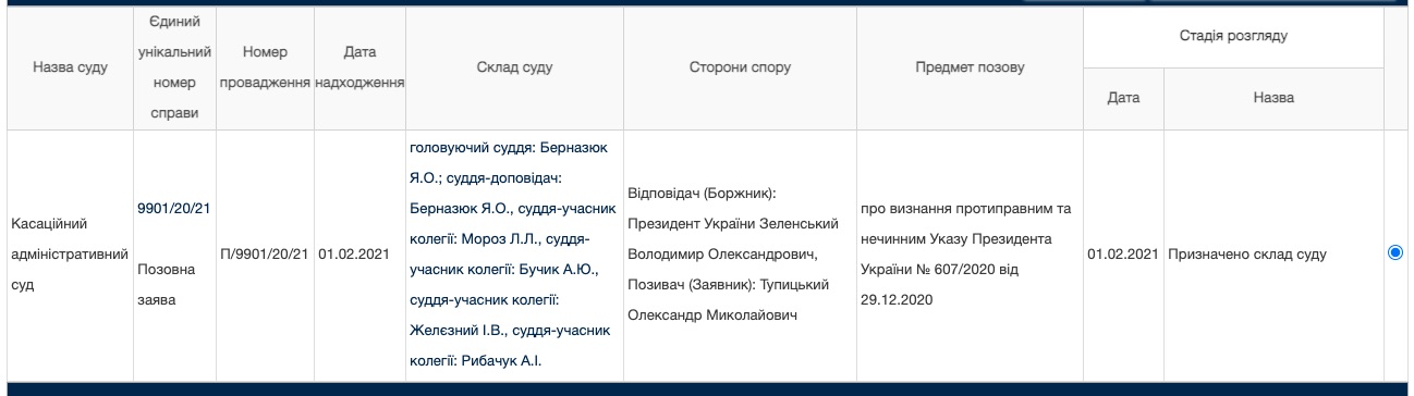 Скриншот сайта Верховного суда Скандал с КСУ. Тупицкий обжаловал в Верховном суде указ Зеленского об отстранении