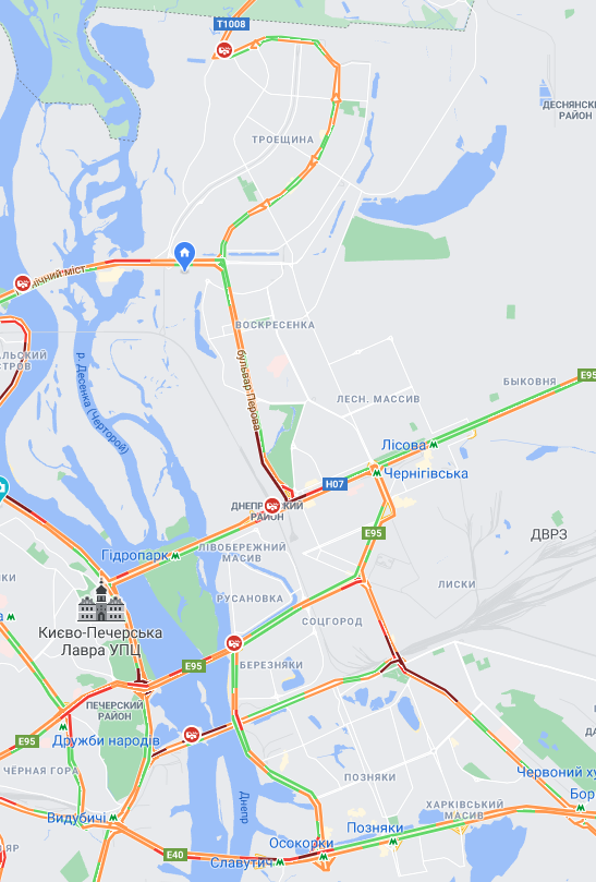 Пробки на левом берегу Киева – скриншот Google Maps Киев встал в пробках из-за снегопада: карта