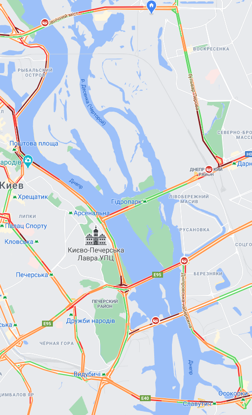 Пробки на мостах Киева – скриншот с Google Maps Киев встал в пробках из-за снегопада: карта