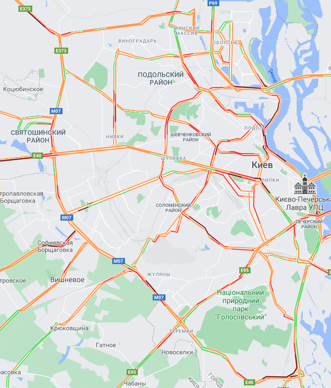 Пробки на правом берегу Киева – скриншот с Google Maps Киев встал в пробках из-за снегопада: карта