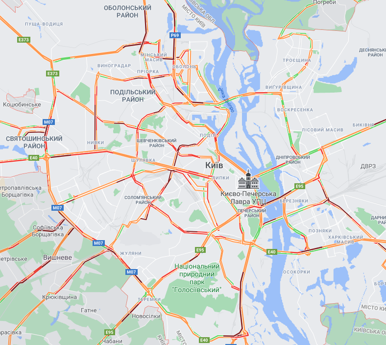 Пробки в Киеве 9 февраля (Скриншот Google Maps) Второй день снегопадов: крупные города Украины стоят в пробках – карты
