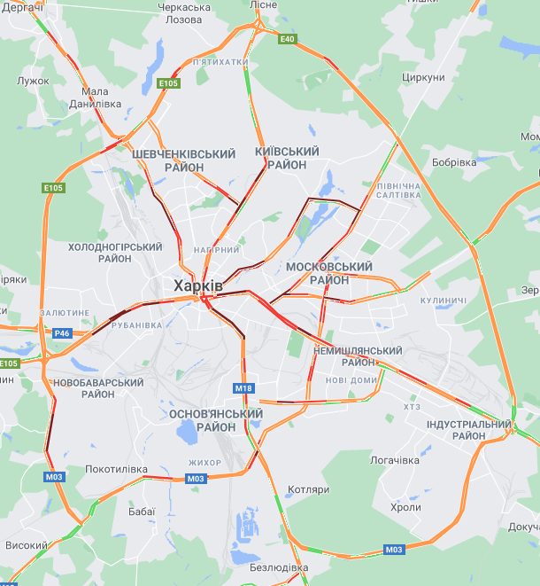 Пробки в Харькове 9 февраля (Скриншот Google Maps) Второй день снегопадов: крупные города Украины стоят в пробках – карты
