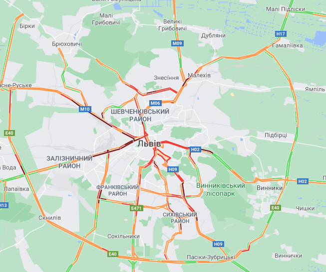 Пробки во Львове 9 февраля (Скриншот Google Maps) Второй день снегопадов: крупные города Украины стоят в пробках – карты