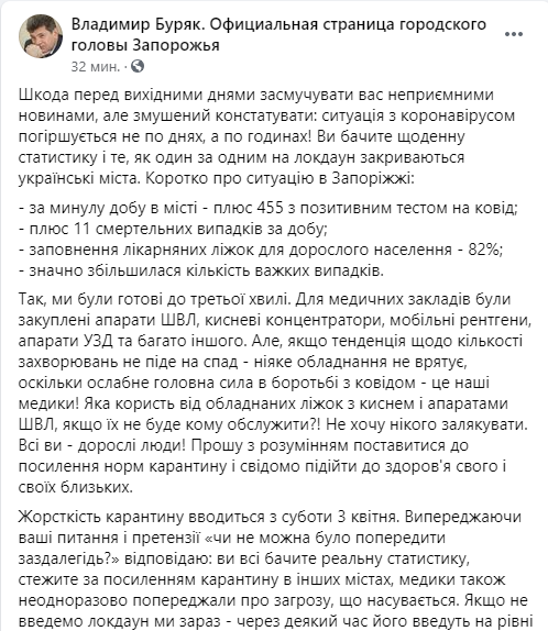 Скриншот поста Володимира Буряка в Facebook