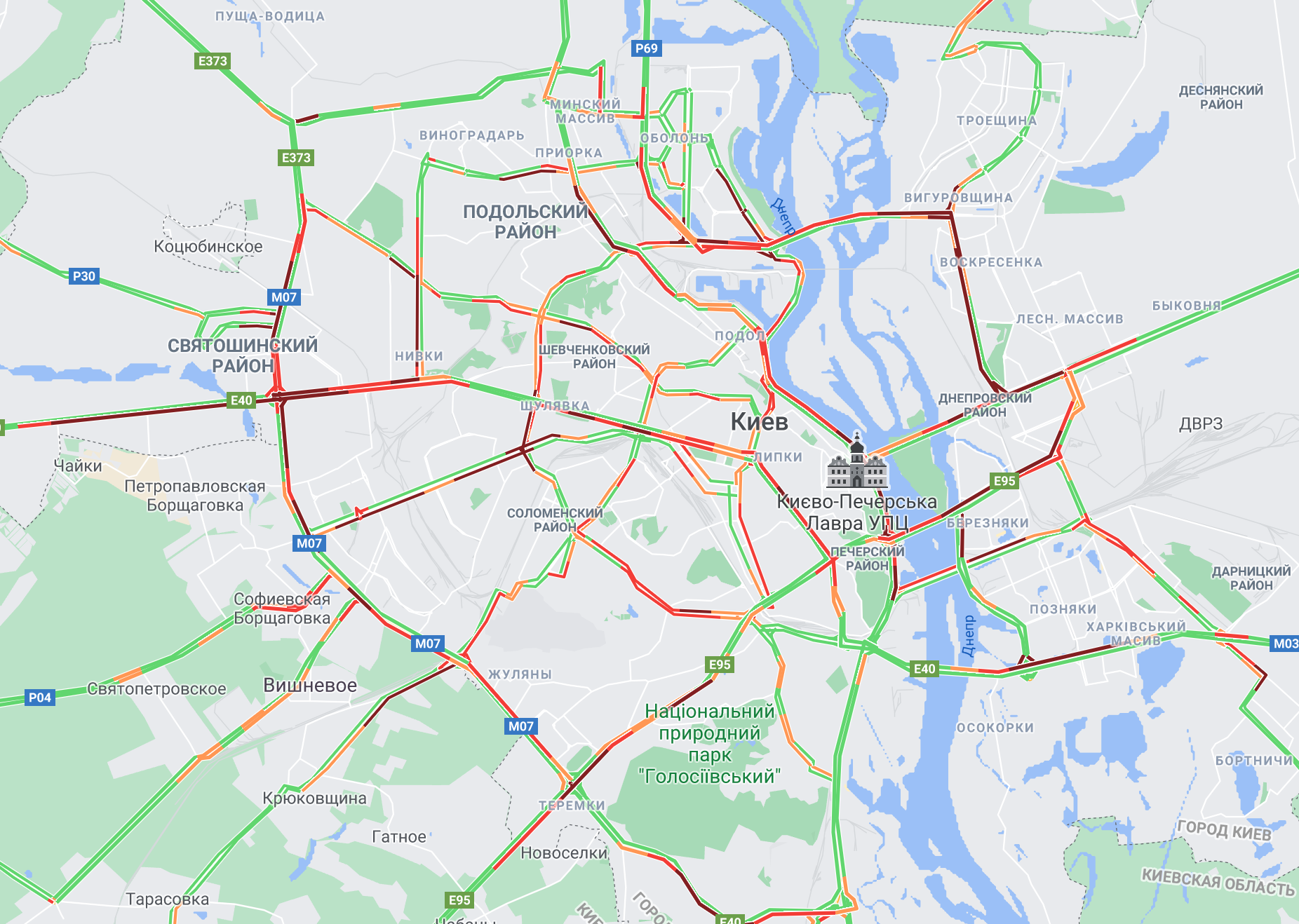 Киев на локдауне сковали многокилометровые пробки: карта загруженности дорог