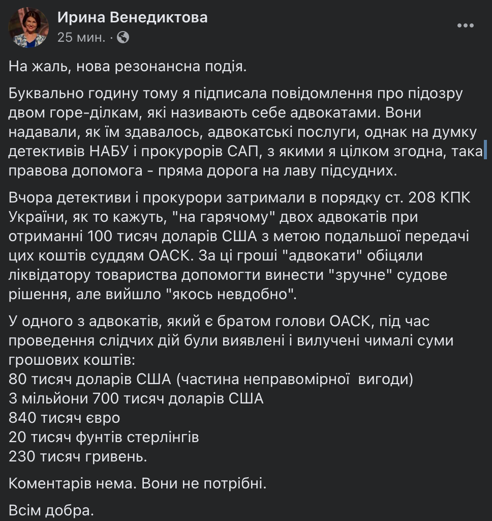 Скриншот Facebook Ирины Венедиктовой Венедиктова подписала подозрение брату Вовка и вспомнила о самом главе ОАСК