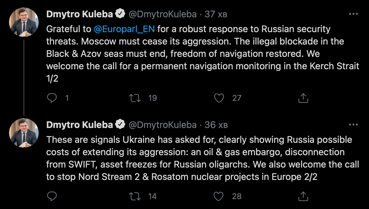 Скриншот из Twitter Кулебы План ЕС на случай вторжения РФ в Украину: эмбарго на нефть и газ, отключение от SWIFT