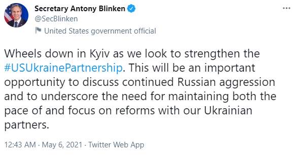Скриншот поста Энтони Блинкена в Twitter