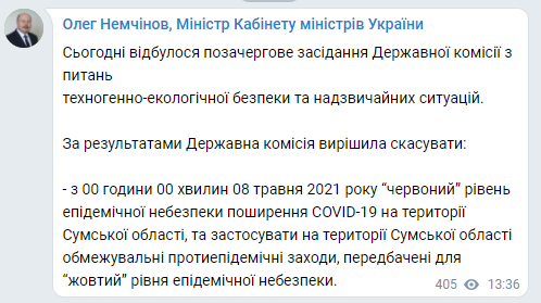 Скриншот поста Олега Немчінова в Telegram
