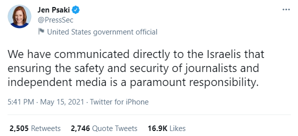 Скриншот поста Джен Псаки в Twitter Байден поговорил с Нетаньяху: США требуют от Израиля обеспечить безопасность журналистов