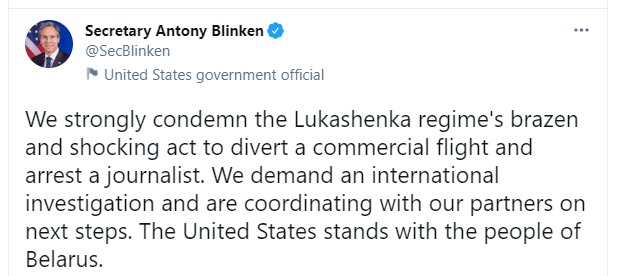 Скрин поста Блинкена Захват самолета режимом Лукашенко. США требуют срочного заседания ICAO по Беларуси