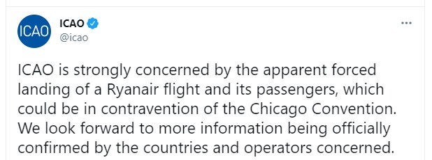 Скрин поста ICAO Появилась реакция ICAO на захват самолета Ryanair в Минске: вспомнили Чикагскую конвенцию