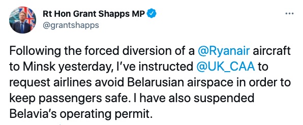 Захват самолета Ryanair. Великобритания не будет летать над Беларусью и работать с Белавиа