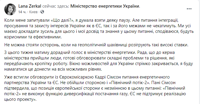 Пост в Facebook Елены Зеркаль