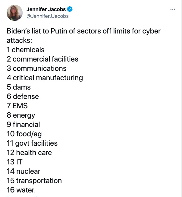 Запрет на кибератаки. Опубликован список 16 секторов, который Байден передал Путину