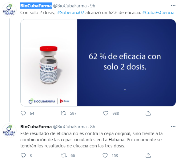 На Кубе заявили о 62% эффективности своей вакцины: но это до третьей дозы