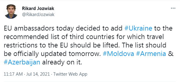 Пост Йозвяка (источник – twitter.com_RikardJozwiak) В ЕС решили открыть границы для украинцев – Радио Свобода