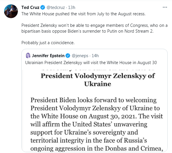 Твит Круза (источник – twitter.com_tedcruz) Конгрессмены просят Байдена перенести дату встречи с Зеленским. Объясняют каникулами