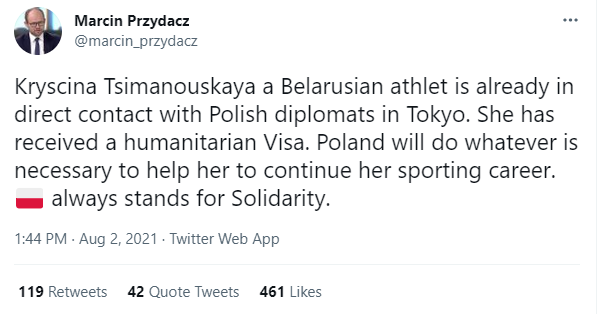 Скриншот твита Мартина Пшидача Спортсменка, которую хотели вывезти в Беларусь, находится в посольстве Польши в Токио