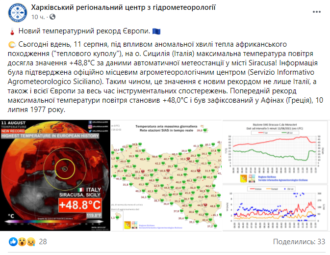 Скриншот поста Харьковского центра гидрометеорологии в Facebook В Европе зафиксирована рекордная жара, ее принес антициклон Люцифер