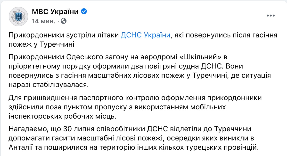 Украинские спасатели вернулись с тушения пожаров в Турции