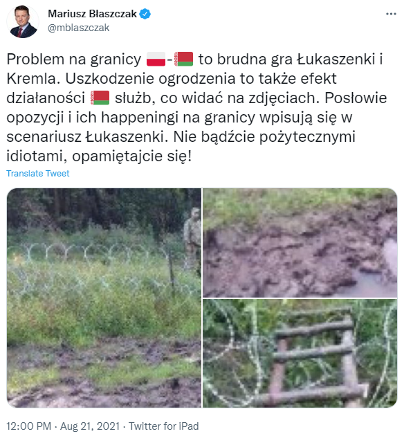 Скриншот твита Мариуша Блащака Министр обороны Польши: Кризис с мигрантами из Беларуси – грязная игра Лукашенко и Кремля