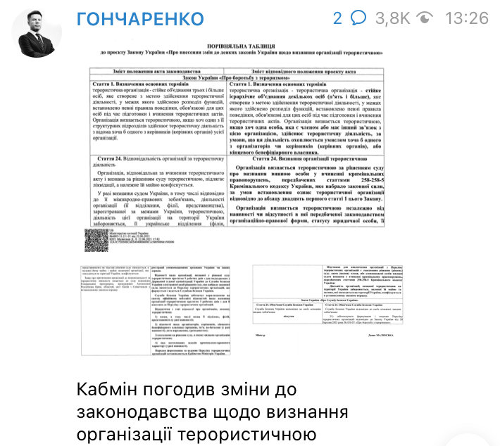 Скриншот В Украине будет свой перечень террористических организаций: Кабмин согласовал законопроект