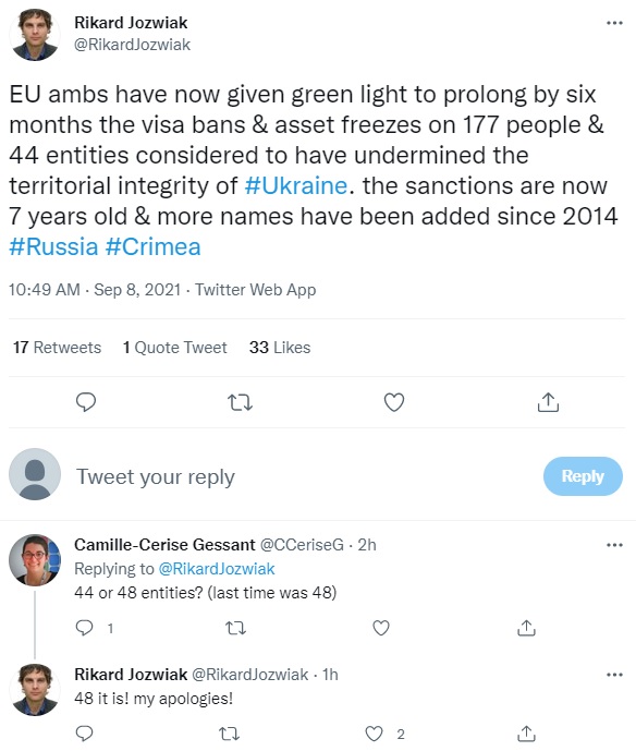 Твіт Рікарда Юзвяка Посли ЄС схвалили продовження санкцій проти Росії