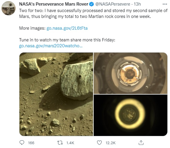 Твит NASA Марсоход Perseverance успешно взял вторую пробу марсианского грунта: фото