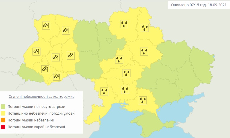 Карта погодних умов (Фото – Укргідрометцентр) Рятувальники попереджають про погіршення погоди: де пройдуть сильні дощі – карта