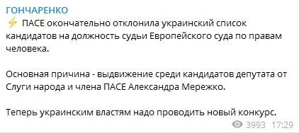 ПАРЄ остаточно відхилила список українських кандидатів на посаду судді ЄСПЛ – нардеп
